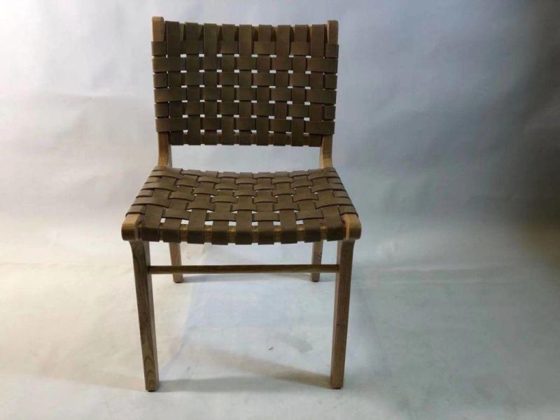 Commercial Grade Restaurant Furniture Leather Woven Solid Wood Frame Dining Chair