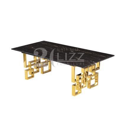 Two Golden Stainless Steel Feet Style Modern Black Marble Top Coffee Table for 6-8 People