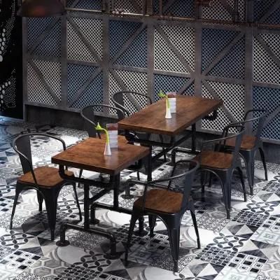 Wholesale Classical Industrial Style Restaurant Bar Furniture Wooden Desk Top Dining Table and Black Metal Chair Sets
