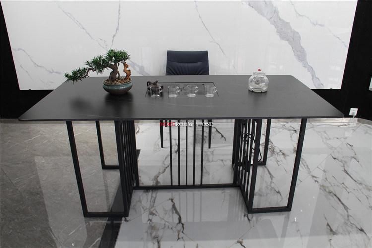 Big Size Custom Black Marble White Golden Veins Rectangle Porcelain Tile Dining Table Set