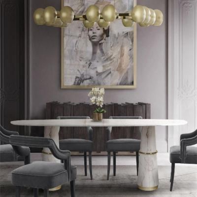 Long Dining Room Table with White Marble and Column Base