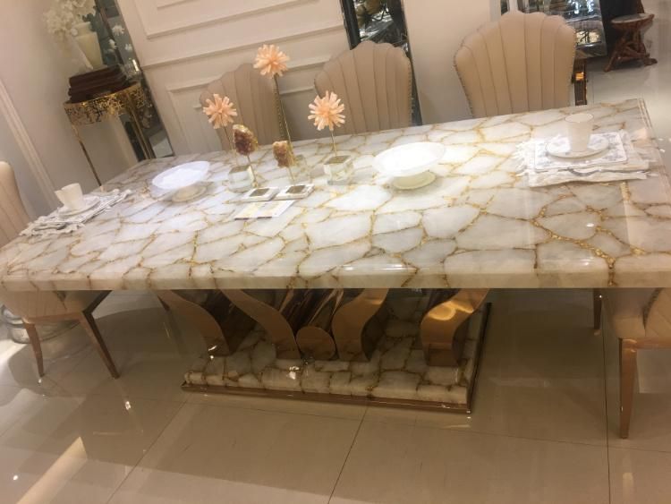 Gemstone Slab Custom Luxury White Crystal Semi Precious Stone Dining Table Top