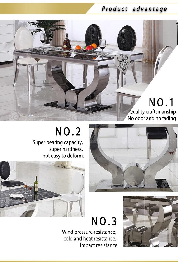 Dining Table with Premiere Grey Fabric Knockerback Chairs Grey Marble and Stainless Steel Chrome