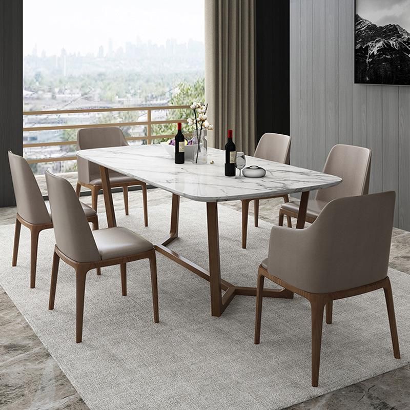 French Dark PU Seat Wood Effect Metal Legs Dining Table