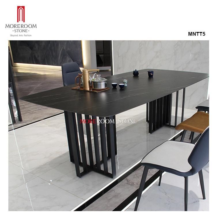 Big Size Custom Black Marble White Golden Veins Rectangle Porcelain Tile Dining Table Set