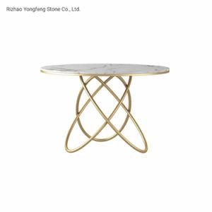 Modern White Metal Trestle Round Marble Dining Table