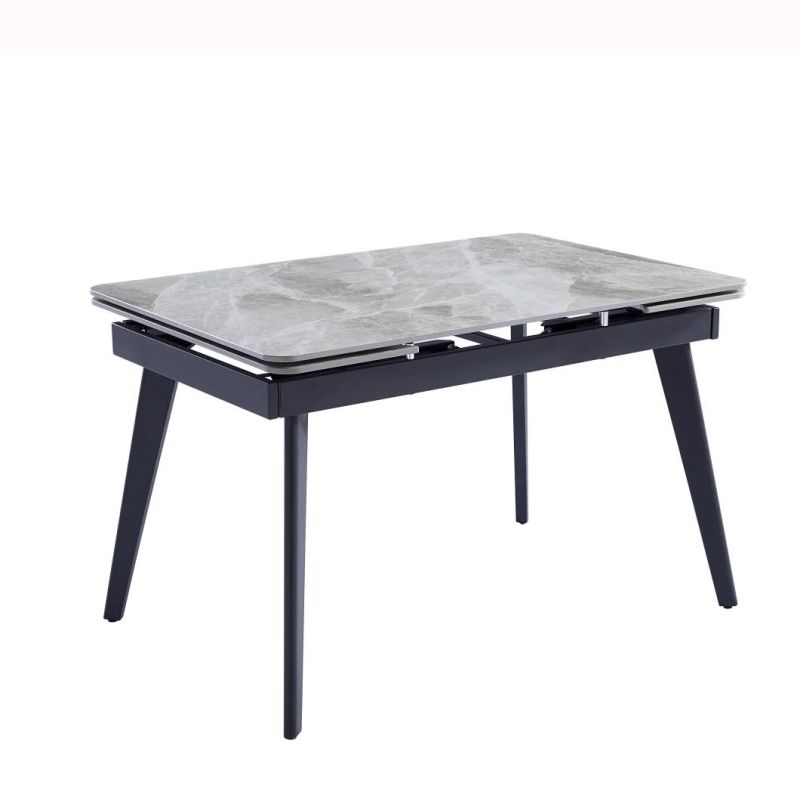 New Design High Gloss Face Ceramic Dining Table Two Side Top Extension with Black Metal Legs