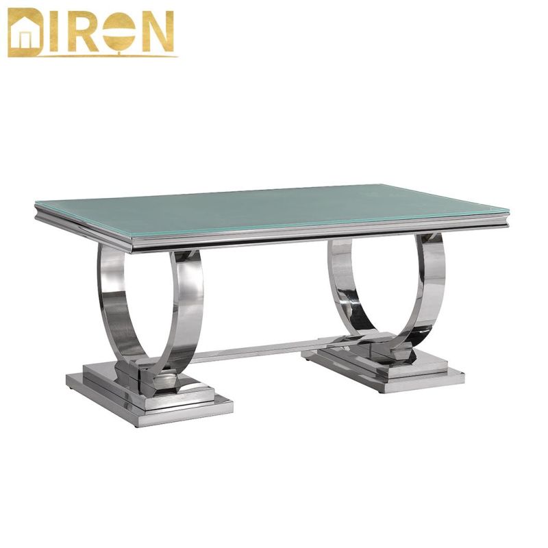 China Factory Modern Simple Design Rectangular Tempered Glass Stainless Steel Dining Table