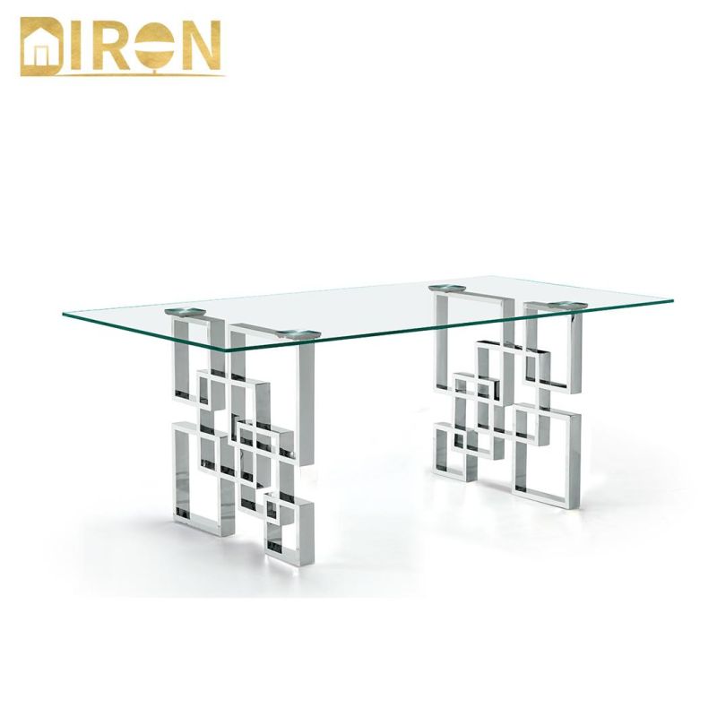 Chinese Wholesale 12mm Tempered Glass Top Stainless Steel Base Dining Table