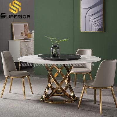 Italian Metal Dining Table with Rotate Marble Top and Chairs