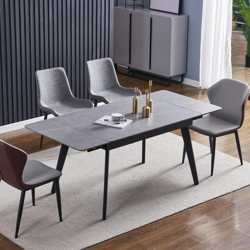 New Design High Gloss Face Ceramic Dining Table Two Side Top Extension with Black Metal Legs