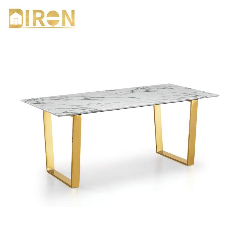 Wholesale Modern Simple Design Rectangle Marble Golden Stainless Steel White Dining Table Set