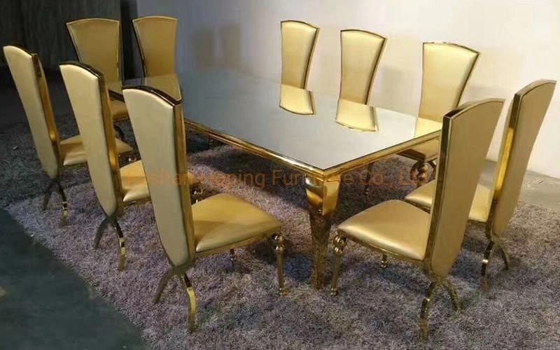 Classical Glass Top Dining Table with Gold Metal Stainless-Steel Frame Wedding Chair White Table Set