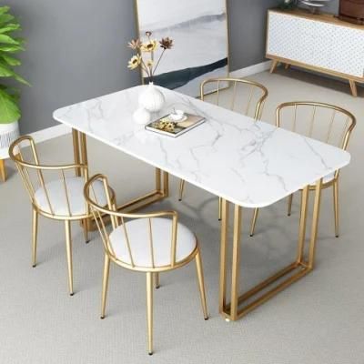 Best Quality Home Restaurant Dining Room Furniture Set with Metal Leg Wooden 6 Seaters Chairs Marble Dining Table (UL-21D031)