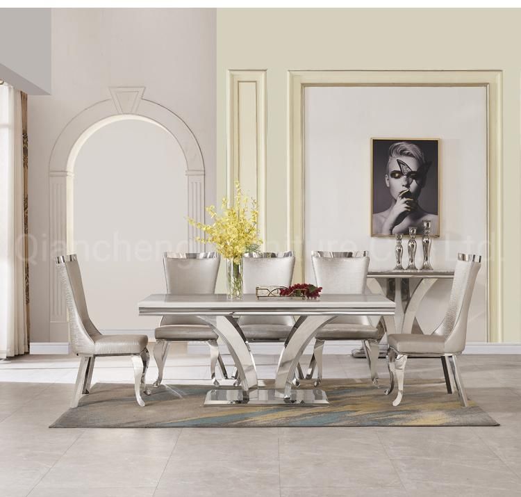 High Glass Silver Ss Stainless Steel Dining Room Table Set