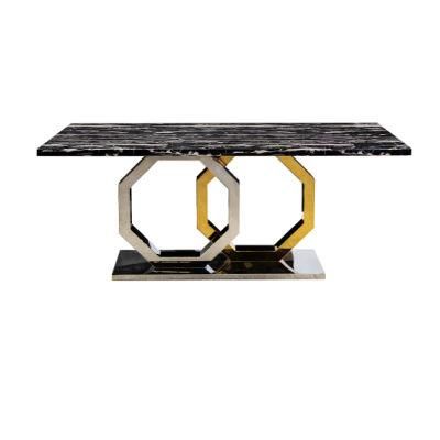 Home Furniture Restaurant Kitchen Dining Room Modern Rectangle Glass Marble Top Metal Legs Dining Table