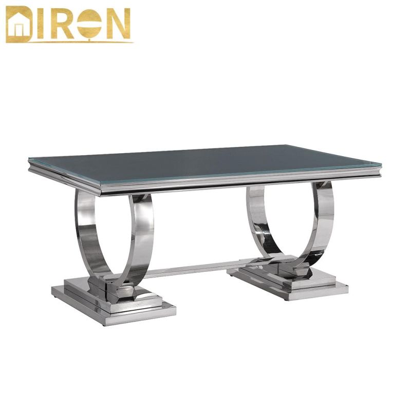 China Factory Modern Simple Design Rectangular Tempered Glass Stainless Steel Dining Table