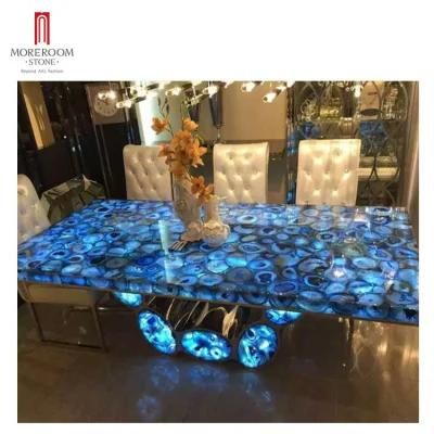 Blue Onyx Gemstone Marble Modern Dining Room Table &amp; Bar Tops