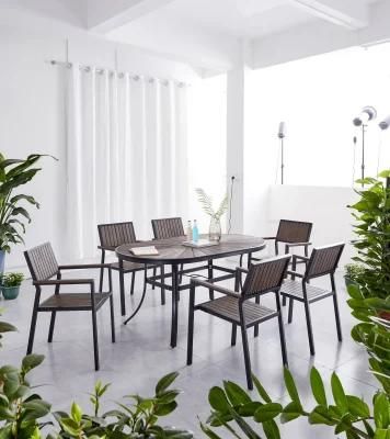 Wholesale Villa Restaurant White Plastic Wood Aluminum Frame Table and 4 Chairs Garden Dining Set Outdoor Furniture(