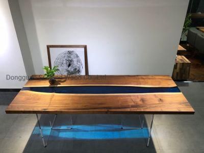 Custom Poplar/Walnut Wood Working Blue River Epoxy Resin Dining Table Top for Luxury Furniture