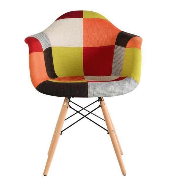 Factory Colorful Patchwork Armrest Dining Chair with Wooden Leg Designer Modern Dining Room Armchair