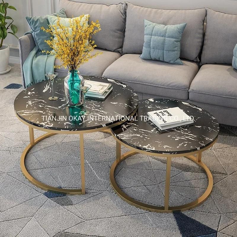 Popular Modern Dining Restaurant Table Luxury Polished Stainless Steel Gold Base Round Ceramic Top Coffee Table