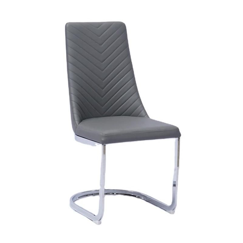 Modern Style Chrome Legs Restaurant Upholstered PU Gray Dining Chair for Family Kitchen Room Use