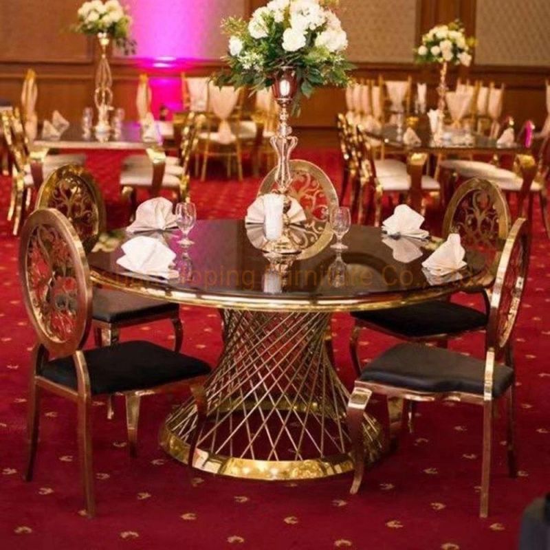 Classic Hotel Banquet Silla Stainless Steel Luxury Golden Stacking Round Back Metal Restaurant Wedding Banquet Chiavari Dining Room Table Furniture Chair