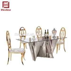 Home Use Silver Colour Satinless Steel Base Glass Dining Table