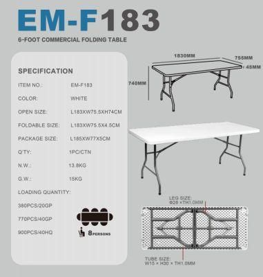 183cm 6FT High Quality Fold Portable White Plastic Outdoor Folding Dining Table