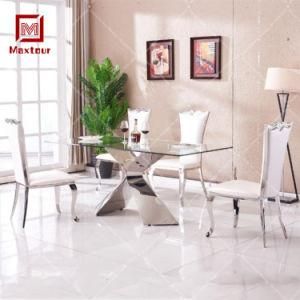 Home Dining Room Furniture Luxury Stainless Steel Rectangular Tempered Glass Dinner Table 6 Seater