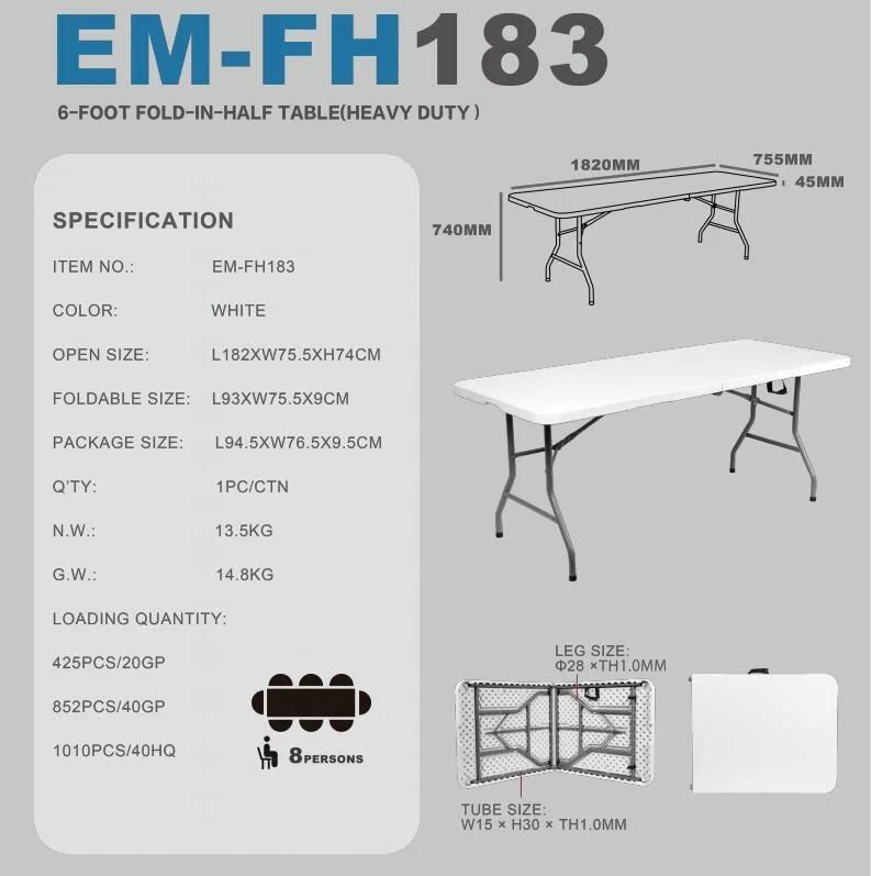 High Quality Plastic Dining Table 6FT Rectangular Table for Wedding Banquet, Garden, Meeting, Event, Party, School, Hotel, Dining Hall, Restaurant, Camping