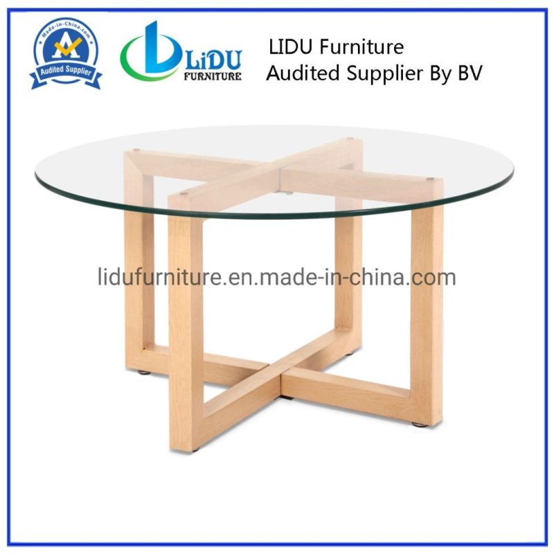 Glass Top Round Table Best Price Glass Transparent Round Coffee Dining Table with Wooden Legs Dining Table