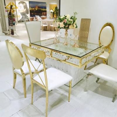 Customized Modern Furniture Gold Stainless Steel Glass Top Rectangular Cake Table for Wedding