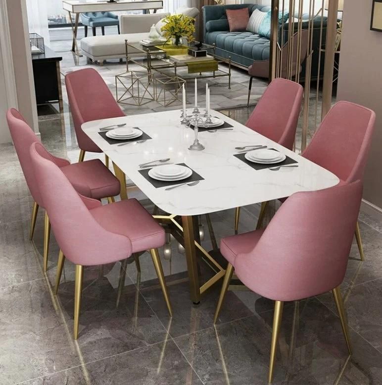 Modern Dining Room Furniture Rectangular Marble Top Gold Ss Table with 6 Chairs