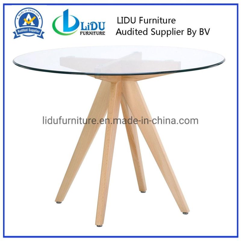 Glass Top Round Table Best Price Glass Transparent Round Coffee Dining Table with Wooden Legs Dining Table
