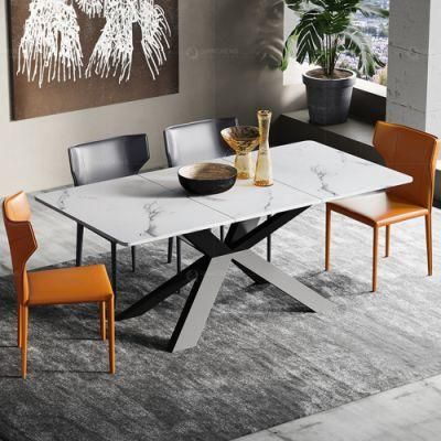 Rectangular Italian Steel 8 Seater Marble Top Dining Table Set