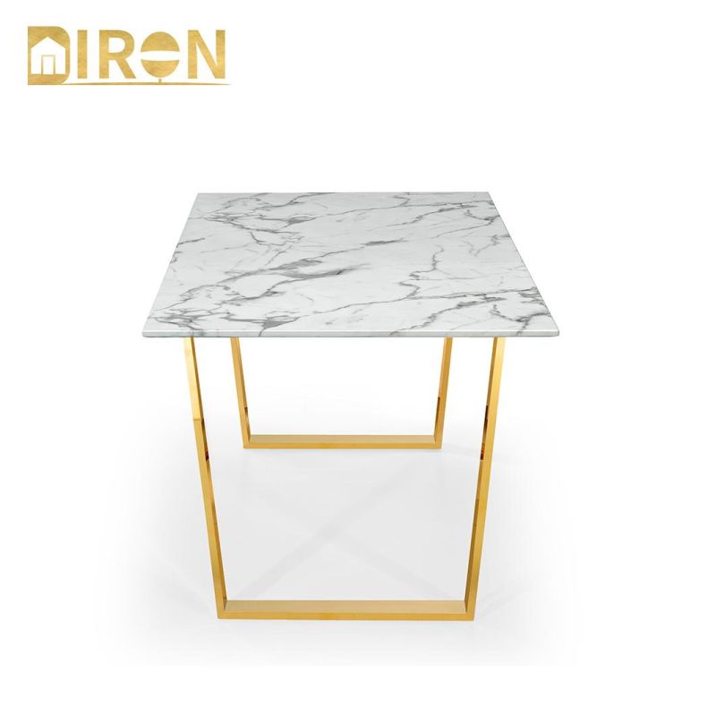 Wholesale Modern Simple Design Rectangle Marble Golden Stainless Steel White Dining Table Set