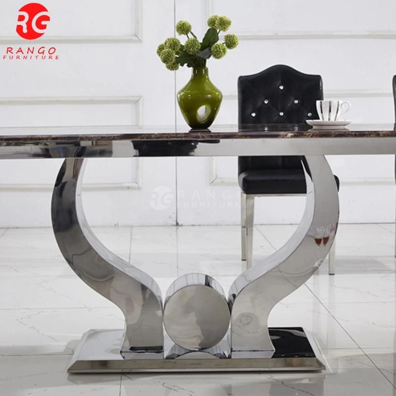 Dining Table with Premiere Grey Fabric Knockerback Chairs Grey Marble and Stainless Steel Chrome