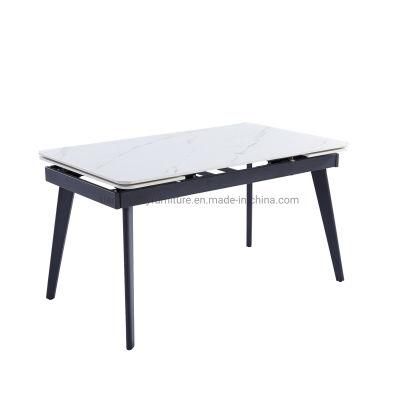 2021 Best Selling Italia Snow White Ceramic Dining Table Two Side Top Extension with Black Metal Legs