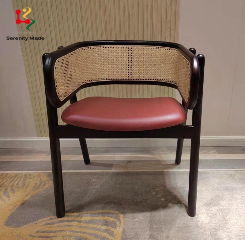 New Arrival Antique Natural Wood Frame Commercial Restaurant Hotel Resort Rattan Cane Back Leather Seat Indoor Dining Chair