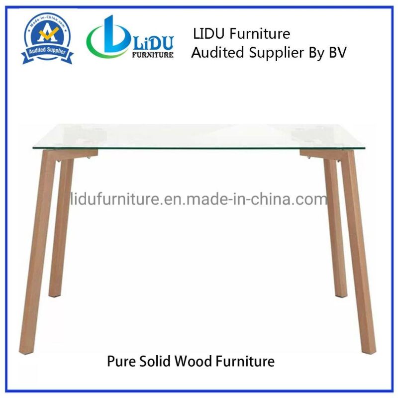 Best Price Glass Dining Table with Wooden Legs Large Table Wood Table