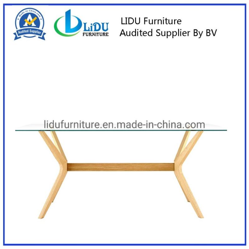 Factory Sale High Quality Hot Sale Promotion Wooden Dining Table Designs Large Rectangular Wooden Table Glass Top with Wooden Legs