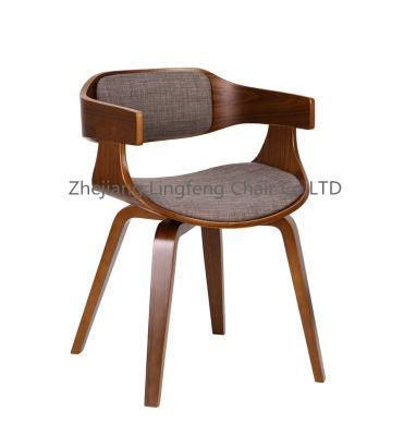 Curved Solid Wood Walnut Plywood Grey Fabric Lounge Dining Chairs for Dining Room, Living Room, Hotels