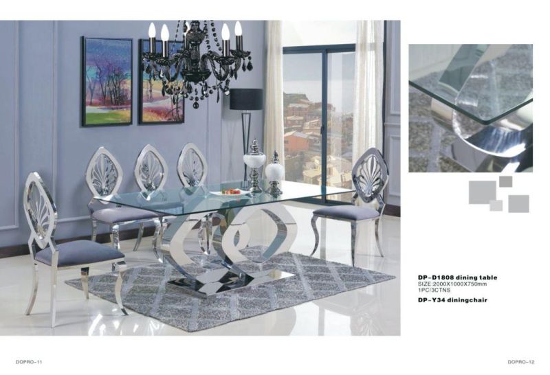 Luxury Furniture Butterfly Base Stainless Steel Dining Table with Tempered Glass Top