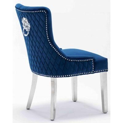Modern European Style Hotel Dining Chair Stainless Steel Leg Velvet Dining Chair Royal Blue Chair with Lion Handle