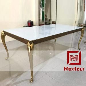 Golden Stainless Steel Frame Brown PU Edge White Glass Home Dining Table