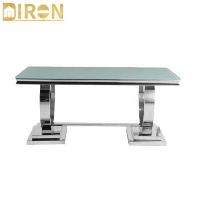 China Factory Modern Simple Design Rectangular Tempered Glass Stainless Steel Dining Table