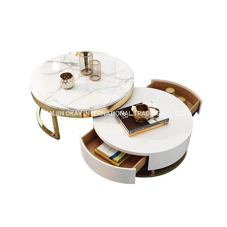Popular Modern Dining Restaurant Table Luxury Polished Stainless Steel Gold Base Round Ceramic Top Coffee Table