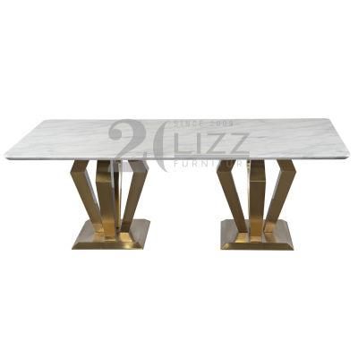Modern Style Luxury Home Furniture European Big Size Dining Room Rectangle Gold Metal Feet Table